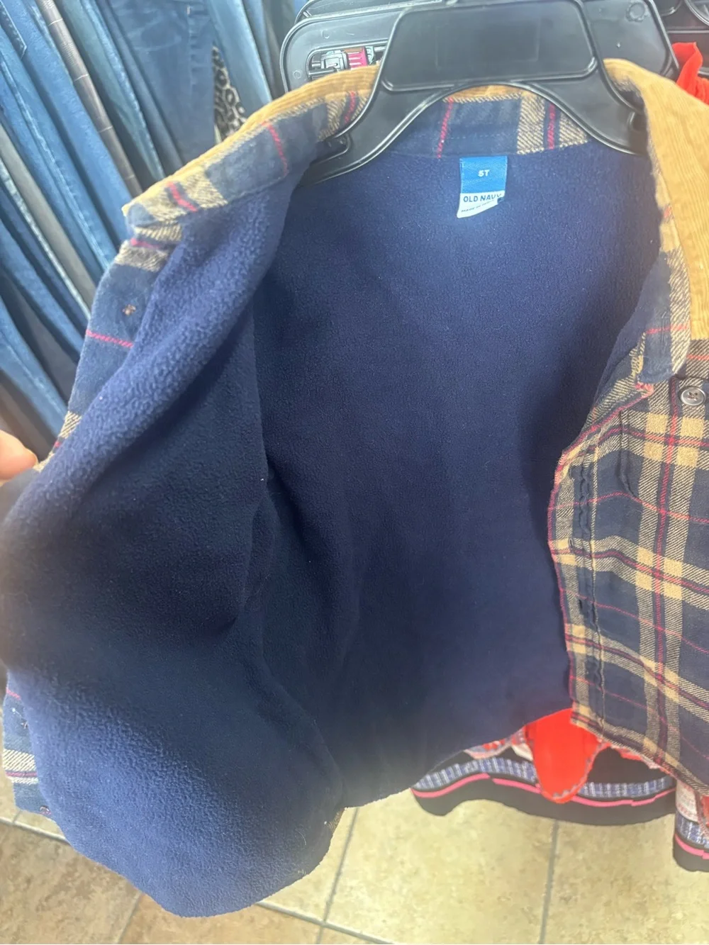 Old Navy Navy and Tan Plaid Button-Down Shirt with Corduroy Collar